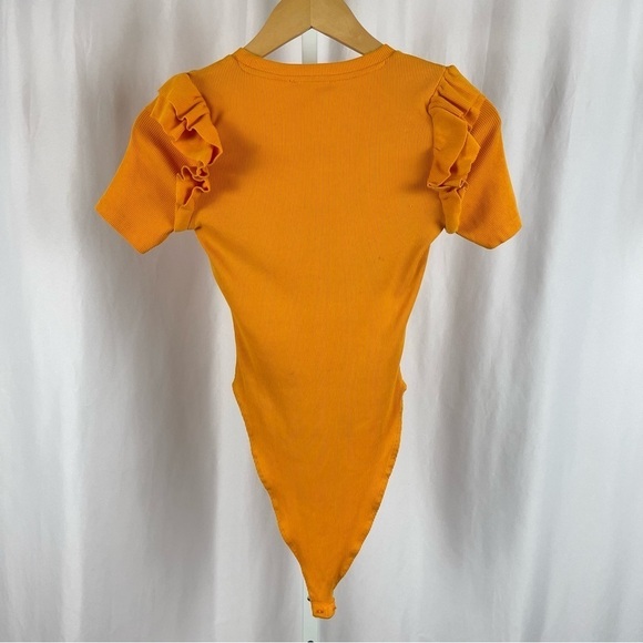 Zara Medium Ribbed Ruffle Shoulder Bodysuit Mustard Yellow Orange Retro - Picture 4 of 12